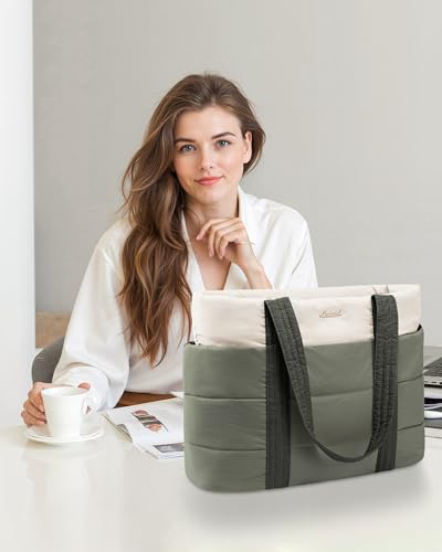 LOVEVOOK Tote Bag for Women, Large Puffer Work Tote Laptop Bag, Lightweight Travel Tote Bag with Zipper Gifts for Women - color: Grey Green-white-a, size: 15.6 Inch