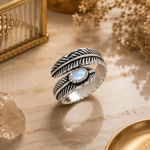 Silver Plated Feather Ring | 925 Silver Adjustable Open Ring | Vintage Leaf Design Inspirational Jewelry for Men & Women | Hypoallergenic Boho Statement Ring - color: Moonstone