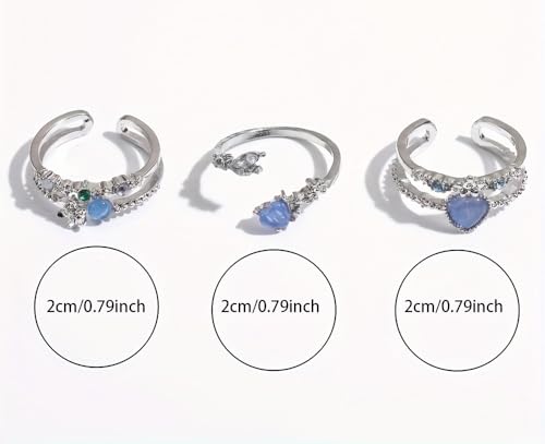 3Pcs Multi-Layered Ocean Blue Rhinestone Heart Flower Rings for Women Teens Gifts Trendy Stuff Boho Stackable Love Silver Ring Set Vintage Crystal Knuckle Stacking Rings Christmas Gifts Stacking Stuffers