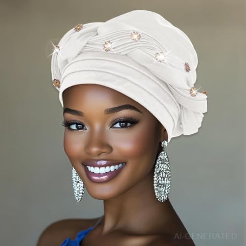 Woeoe Women African Turban Pre-Tied Twisted Beanie Cap Headwear Rhinestone Soft Stretchy Head Turbans - color: White