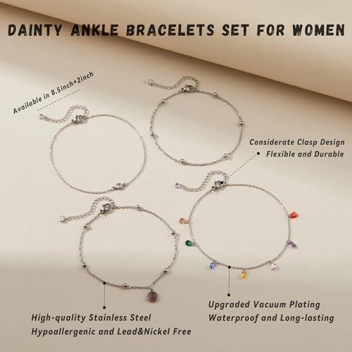 LOFITOR Ankle Bracelets for Women Glitter Waterproof Adjustable Anklet Set for Women 18K Gold Plated Silver Charm Dainty Layered Anklets, Summer Beach Anklet Jewelry for Women - style: Color CZ Silver