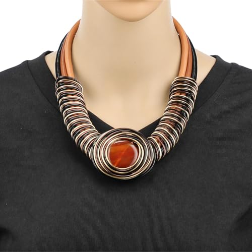 Ethnic Crystal Rhinestone Pendant Necklace Earrings Set Women Handmade Tribal Collar Choker Chunky Metal Bib Rope Chain African Statement Jewelry Set - color: NXR1425-brown