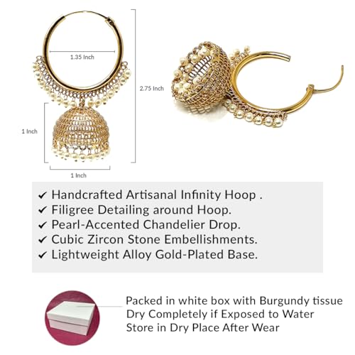 Duel On Jewel Indian Jewelry Bundle for Women, Gold-Plated Teardrop Bell Anklet Payal Set with Infinity Hoop Jhumka Earrings, Pearl CZ Filigree Ethnic Boho Wedding Party Gift Set