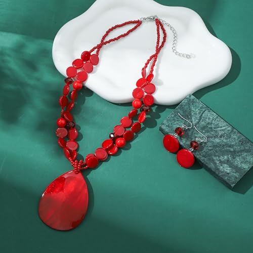Big Teardrop Pendant Necklaces for Women Colorful Beaded Necklaces Statement Set for Holiday. - color: Red