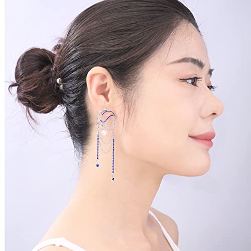 Unique Abstract Face Art | Dangle Statement Long Earrings for Women | Rhinestone Tassel Handmade Chandelier Earrings - color: Silver Blue Diamond