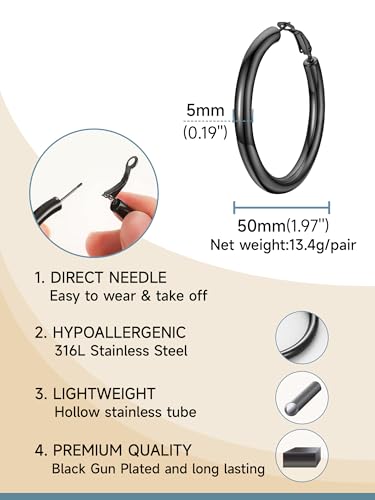 Stainless Steel Chunky Hoop Earrings For Women, Minimalist and Chic, Black/Gold Plated, Round Hoops Earrings Hypoallergenic, Size: 30mm/40mm/60mm/80mm, Come with Box - color: 1. Black, size: 50MM