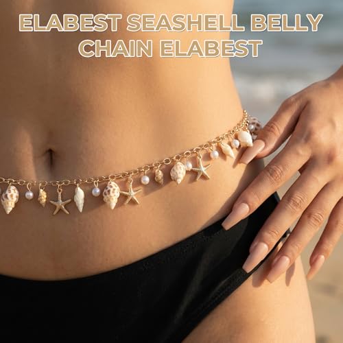 Starfish Seashell Waist Chain Adjustable Boho Mermaid Pearl Body Chain Fashionable Summer Beach Belly Jewelry Gold Bikini Belt Accessories for Women