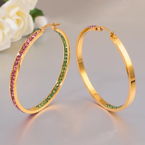 CiNily Mult-colors Crystal Stainless Steel Hoop Earring for Women Hypoallergenic Jewelry for Sensitive Ears Large Big Hoop Earrings 2" - color: Gold-Pink and Green