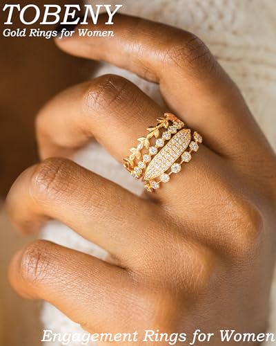 TOBENY Stackable Gold Rings for Women Non Tarnish Dainty 14K Gold Plated Stacking Cubic Zirconia Thumb Ring Set Trendy Statement Promise Wedding Bands Engagement Rings for Women Size 6 7 8 9 10 - color: 05-4Pcs Stacking Rings