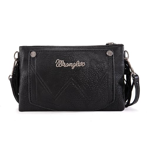Wrangler Crossbody Small Purse for Women Wristlet Fringe Bag Western Purse - color: Angel Black