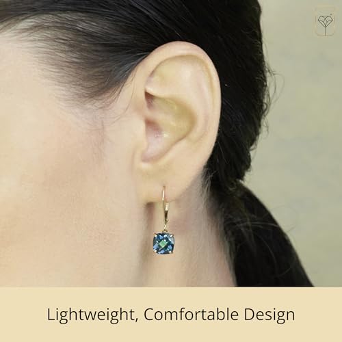 14k White or Yellow Gold Cushion Cut Gemstone Dangle Earrings for Women with 8mm Birthstones by MAX + STONE - color: London Blue Topaz