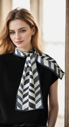 ANDANTINO 100% Silk Scarf for Women 59”*6.3” Long Shawls for Headscarf and Neck- Oblong Hair Wraps with Gift Packed - color: White&blue Geometry