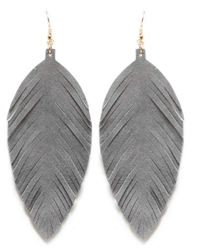 Large Genuine Soft Leather Handmade Fringe Feather Lightweight Tear Drop Dangle Color Earrings for Women Girls Fashion - color: GREY