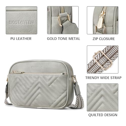 BOSTANTEN Quilted Crossbody Bags for Women Vegan Leather Purses Shoulder Handbags with Wide Strap - color: G02-grey