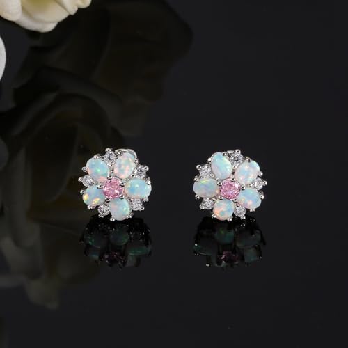 CiNily Flower Earrings,Opal Stud Earrings Sterling Silver or White Gold/Rose Gold Plated Ladies Flower Stud Earrings Cute Unique Earrings for Girls - color: Pink 2