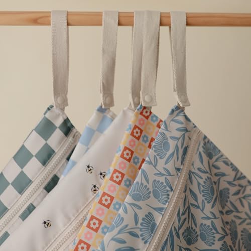 mushie Water Resistant Wet Bags | Large & Small Reusable Storage Bag for Baby Items and Travel | Zippered Pockets with Handle | Machine Washable, Set of 2 (Blue Flowers) - color: Blue Flowers