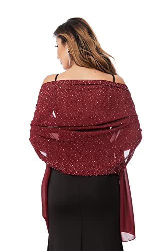 Shawls and Wraps for Evening Dresses Sheer Chiffon Women Elegant Soft Silky Sparkly Wedding Bridal Scarf - color: Burgundy C