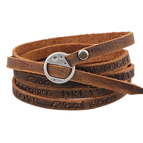 Rantanto Genuine Leather Wrap Bracelets Trendy Western Stackable Cuff Adjustable Boho Layered Bracelet Jewelry For Men Women - color: Brown Stamped Words