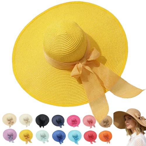 Women’s Straw Sun Hat Wide Brim Packable - Boho Beach Hat for Summer Vacation, Poolside Relaxation and Tropical Travel - color: Yellow