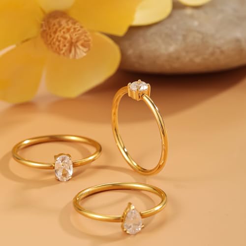 14K Gold Plated Stackable Rings for Women Non Tarnish - Dainty Cubic Zirconia Engagement Ring Set Colorful Birthstone Statement Promise Stacking Rings Size 6-9 - color: White