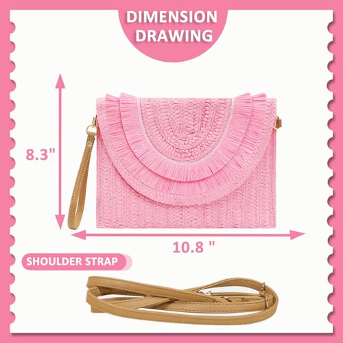 Crossbody Bags for Women, Straw Clutch Purses, Bohemian Handmade Woven Envelope Package, Tassel Handbags for Women | Bohemian - color: Pale Pink