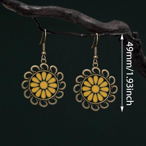 Bohemian Lightweight Vintage Copper Enamel Flower Hollow Dangle Drop Earrings Handmade Retro Circle Floral Hook Earrings For WomenJewelry Gifts - color: Yellow