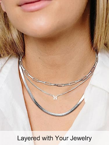 FOCALOOK 14K Gold Plated Necklaces for Women, Fashion Herringbone Choker Necklace Stainless Steel Flat Snake Chain 3/5MM(W) 12.5"/15"/18"+3.5"(L) - color: 5MM-Silver-12.5"