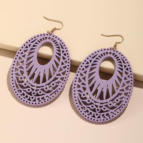 Boho Wooden Cutout Dangle Earrings for Women Bohemian Teardrop Oval Hollow Floral Pattern Drop Earrings Colorful Lightweight Statement Party Jewelry - color: Purple