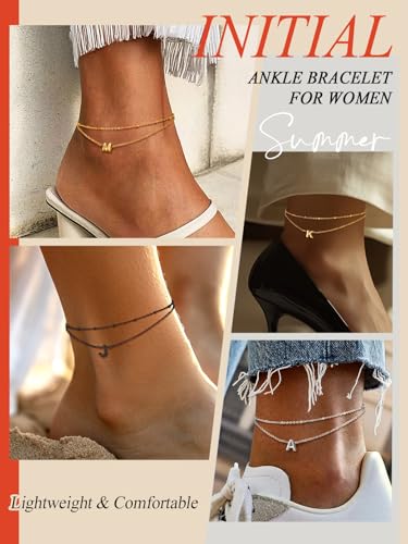 FaithHeart Initial Ankle Bracelets for Women, Waterproof 14k Gold Plated Initial Anklets Non Tarnish Stainless Steel Cute Layered Anklet Summer Beach Jewelry - color: Black, size: Initial X