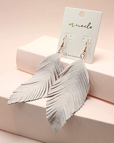 Large Genuine Soft Leather Handmade Fringe Feather Lightweight Tear Drop Dangle Color Earrings for Women Girls Fashion - color: White