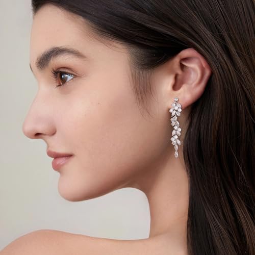 Awinesn Clip on Earrings for Women 925 Sterling Silver Plated Cubic Zirconia Long Tassel Dangle Drop Earrings Non Pierced Earrings for Women Jewelry Gifts Wedding Party - color: leaves 3