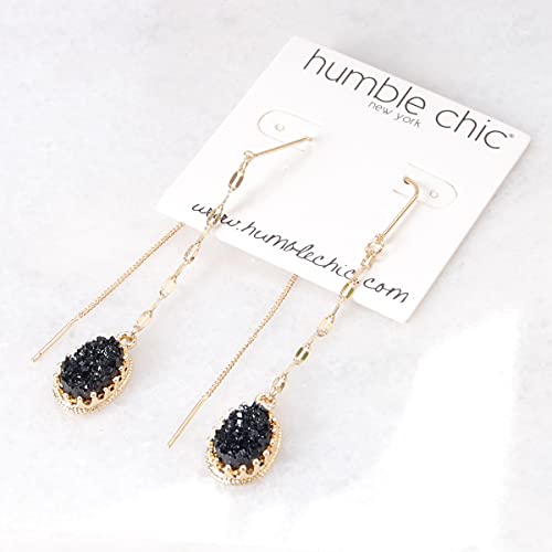 Simulated Druzy Threader Earrings for Women - Gold, Silver, or Rose Gold Tone Long Chain Earrings with Boho Created Geode Stone - color: Gold - Black Stone