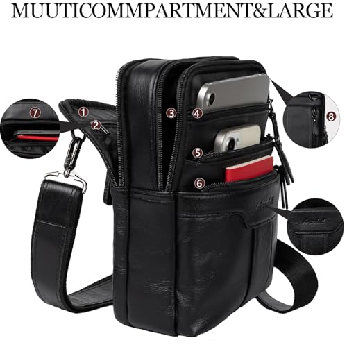 Leather Messenger Bag for Men, Small Leather Sling Shoulder Bag Messenger Pack for Men, Man Purse - color: Black