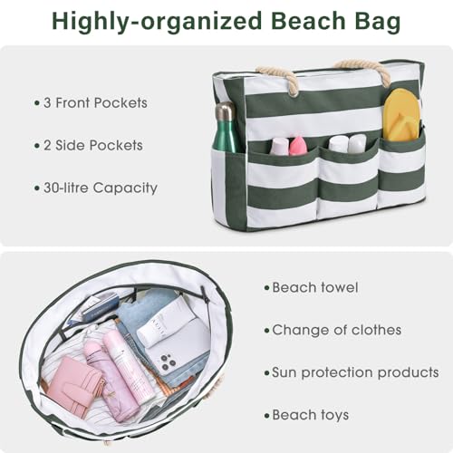 Becokan Beach Bags for Women Canvas Large Beach Tote Bag Zipper Waterproof Sandproof Foldable Swim Pool Bag with 7 Pockets - color: Army Green