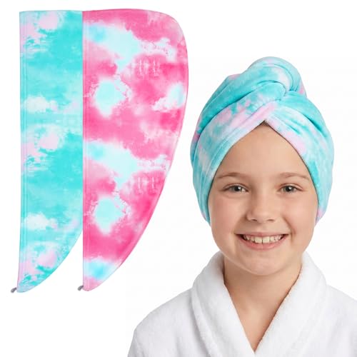 Basumee Microfiber Hair Towel Wrap for Kids 2 Pack Rapid Drying Hair Towel with Button Hair Turbans for Wet Hair Wraps Head Towel Wrap for Women and Girls - color: Pink Purple Tie-dye