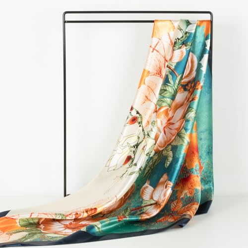 RIIQIICHY Head Scarf for Women Like Silk Scarf Hair Scarf Printed Square Scarf Bandanas for Women 35 Inches - color: Navy/Orange/Yellow/Cream
