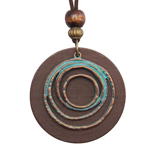 GelConnie Leather Cord Necklace Chain Multilayer Wooden Pendant Necklaces Vintage Jewelry Boho Long Sweater Necklace for Women Men - color: Circle Brown Leather Necklace