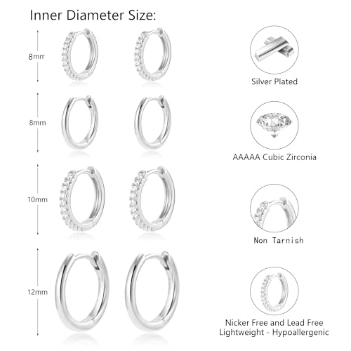 4 Pair Small Gold Hoop Earrings for Women Sensitive Ears - Hypoallergenic 14k Real Gold Plated Hoops Zirconia Cartilage Huggie Earrings Set Helix Piercing Earring Gold Jewelry for Women Gift - color: 02-4 Pair Silver