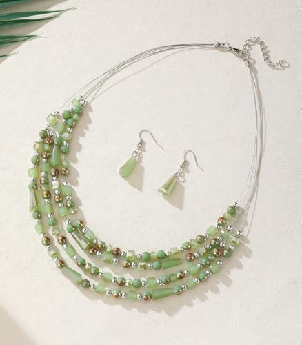 Errally Layered Beaded Statement Necklace Multi Strand Crystal Beads Collar Necklace and Earring Sets for Women Fashion Costume Jewelry Set Gifts for Her - color: Green