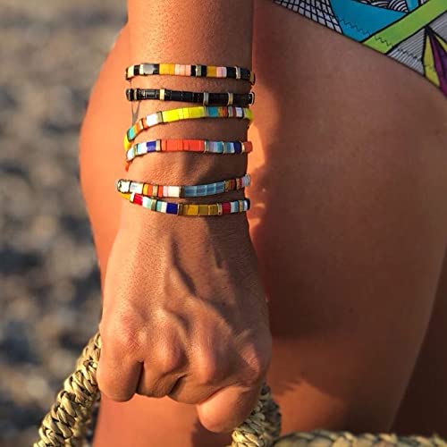 Sonateomber Tila Flat Beaded Stretch Bracelets for Women, Trendy Unique Colorful Square Beads Handmade Stack Bracelet Friendship Accessories Fashion Jewelry Gift - color: Black