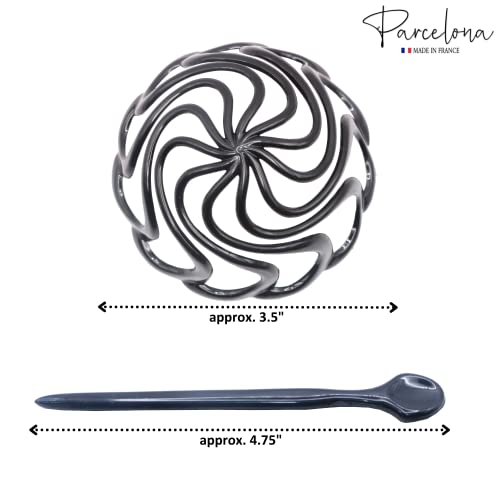 Parcelona French Swirls Large 3.5" Cellulose Acetate Bun Cover with Stick Ponytail Chignon Durable Fashion Women Hair Accessories Non Slip Hair Clip for Girls, Made in France(Black)