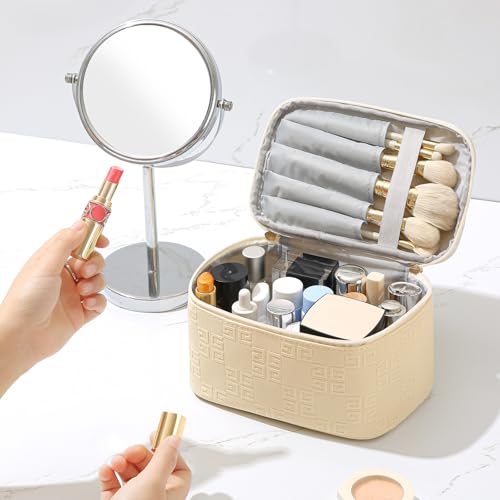 Meiyuuo Makeup Bag Large Cosmetic Bags for Women Girls Cute Travel Zipper Pouch Toiletry Organizer for Beauty Essentials Waterproof (Light Beige) - color: Embossing Beige