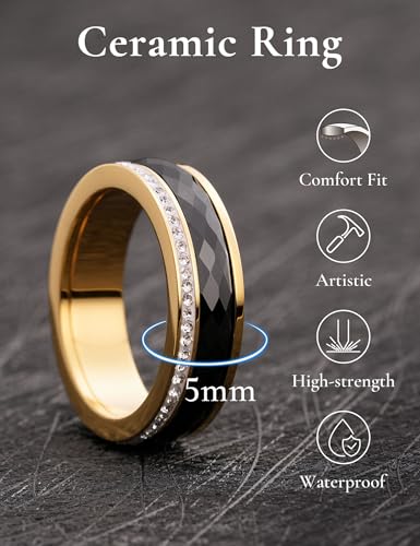 King Will 4mm/6mm Black Ceramic Rings, Men's Wedding Rings Spinner Flat Cut Wedding Band for Men Women Comfort Fit and Durable - color: Black 5mm
