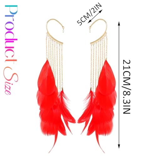 Catery Feather Earrings Long Tassel Boho Earrings Dangling Fringe Prom Jewelry for Women - color: Red