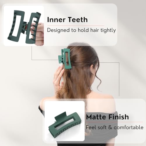 12 Pcs Green Large Square Hair Claw Clips for Women, 4.3-Inch Matte Rectangle Claw, Strong Hold Non-slip Hair Clips for Thick & Thin Hair - color: Green