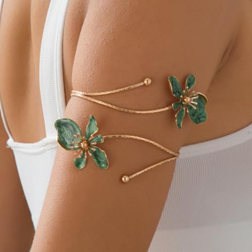 Flower Arm Cuff Bracelets for Women Adjustable Gold Upper ArmBand Jewelry Boho Floral Open Wrap Statement Bangle Bracelet Arm Cuff Jewelry Gifts for Women - color: Green