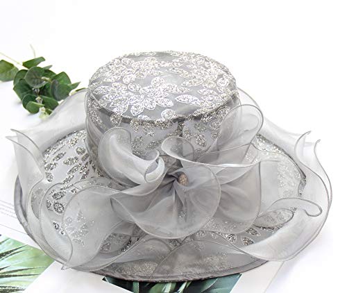 ORIDOOR Women’s Organza Church Tea Party Wedding Fascinator Derby Hat Wide Brim Sun Hats - color: A-grey