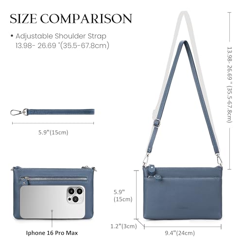 befen Genuine Leather Wristlet Clutch Wallet Purses with RFID Blocking, Small Crossbody Bags Shoulder Handbag for Women - color: Grey Blue