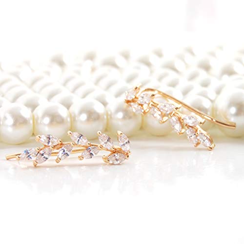 14K Gold or 925 Sterling Silver Plated Ear Crawler Earrings for Women - Crystal Leaf Ear Climber Earrings - Hypoallergenic, Safe for Sensitive Ears - color: 14K Gold Plated