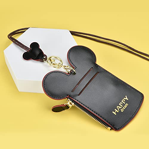 BUUFAN Chic Black Cute Travel PU Leather Student ID Card Holder Lanyard Neck Pouch Bag With Coin Wallet Purse for Students Women Kids Teens Girls - color: BLACK